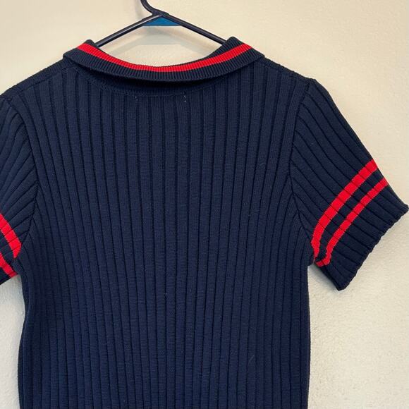Anthropologie Flat white Polo Knit ribbed sweater preppy sporty academia navy 1X - Picture 10 of 11